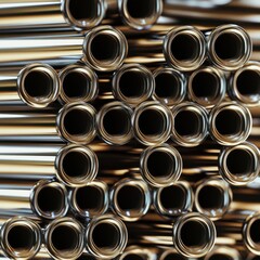 Poster - Abstract close-up of metallic pipes stacked together, showcasing their shiny surfaces and reflections.