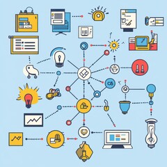 Poster - Colorful vector illustration of interconnected icons representing technology, innovation, and creativity.