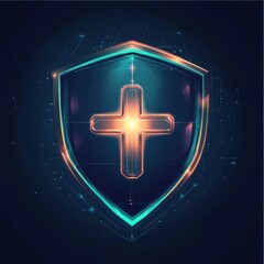 Poster - Digital shield icon with a glowing cross symbol representing protection and security.