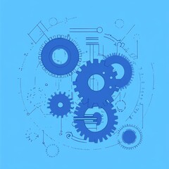 Poster - Intricate blue gears and technical diagrams on a vibrant blue background, symbolizing engineering and innovation.