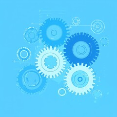 Poster - A collection of blue gears and cogs on a bright background, symbolizing technology and mechanics.