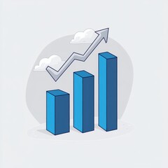 Poster - Stylized blue bar graph illustrating growth with an upward trend line and minimal clouds in a light background.
