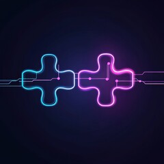 Fototapete - Abstract neon circuit symbols in blue and pink connecting, representing technology and innovation.