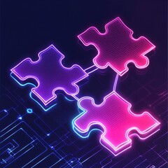 Poster - Three neon puzzle pieces in vibrant colors, connected against a dark, tech-inspired background.