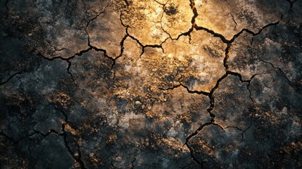 Poster - Dried cracked earth illuminated by warm glowing light during the late afternoon. Generative AI