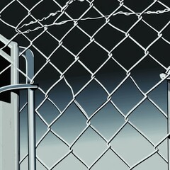 Poster - A close-up of a chain-link fence with a focus on its twisted wires and dark background.