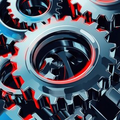 Poster - Close-up of metallic gears with a reflective surface and red lighting, creating a dynamic industrial feel.