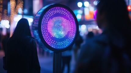 Poster - Large, circular, futuristic display glowing with pink and blue lights illuminates a city street at night, highlighting the potential of internet of things technology as pedestrians walk by