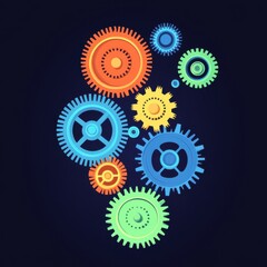 Poster - Colorful gears of various sizes arranged dynamically against a dark background, showcasing creativity and innovation.