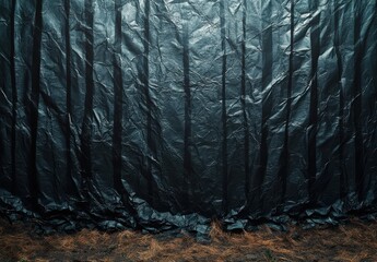 Poster - Crumpled Black Plastic Sheeting with Textured Surface and Earthy Ground Setting for Creative Photography Background and Design Projects