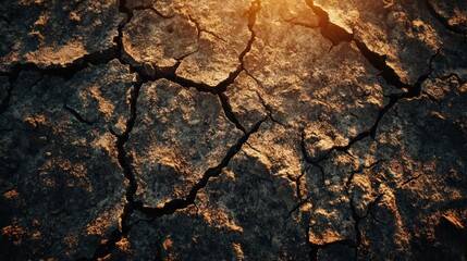 Poster - Dry cracked earth illuminated by sunlight indicating drought and environmental challenges in a barren landscape. Generative AI