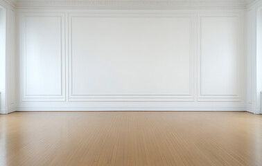 Aufkleber - Minimalist interior with light wood flooring and ornate white wall paneling. A clean and bright space with decorative architectural details.