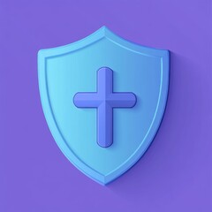 Poster - Stylized blue shield with a cross symbol, representing faith and protection on a vibrant purple background.