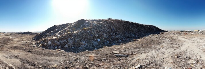 Poster - Mountain of plastic waste rising on a landfill under a clear blue sky with space for awareness messaging. Generative AI