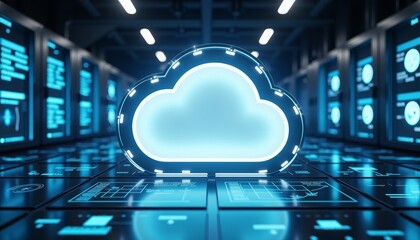 Poster - Futuristic cloud server glowing in data center, technological innovation