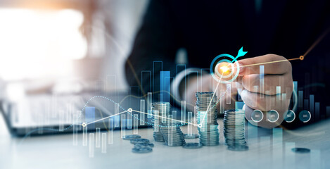 Leinwandbilder - Money business financial graph diagram of coin. Financial growth data or investment market profit bar and success report.Saving money concept.Stack of coins with trading price graph growth.

