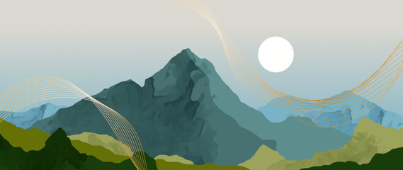 Wall Mural - minimal vector abstract landscape with mountains. mountain background with watercolor texture and go