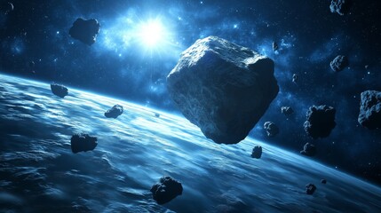 Poster - Detailed close-up of a floating asteroid in deep space, featuring cosmic dust, celestial particles, and an interstellar atmosphere in a mysterious galaxy, Generative AI