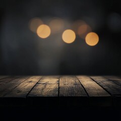 Aufkleber - A moody scene with a dark wooden surface illuminated by blurred golden lights against a dark background.