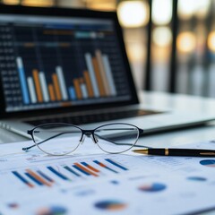 Leinwandbilder - Analyzing Financial Data: Glasses, Pen, and Charts on a Desk with Laptop Displaying Graph