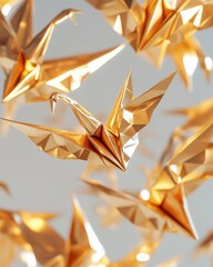 Poster - Golden origami cranes in flight, showcasing intricate folds and a shiny finish, creating a vibrant, dynamic scene.