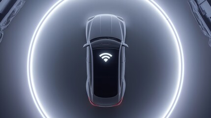 Aufkleber - Autonomous smart car in futuristic digital light circle, representing AI-driven mobility, advanced automotive technology, and the future of self-driving vehicles, Generative AI