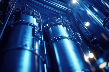 Poster - Industrial machinery in a futuristic setting, showcasing steel tanks illuminated in blue tones.