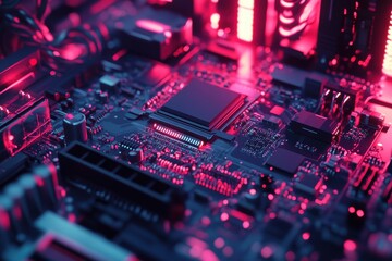 Poster - Close-up of a modern circuit board with vibrant neon pink and purple lighting.