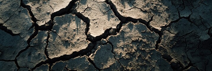 Poster - Ground heavily cracked and dry after prolonged drought in a rural landscape during late afternoon light. Generative AI