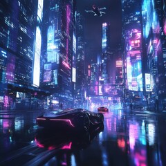 Poster - Cyberpunk Cityscape: Sleek Cars and Flying Vehicles in a Neon-Lit Futuristic Metropolis