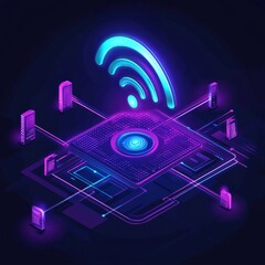 Leinwandbilder - Cyberpunk Network: Glowing Data Servers Connected to Central Processor with Wi-Fi Signal.