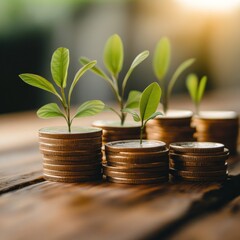 Poster - Financial Growth Concept: Seedlings Growing from Coin Stacks on Wooden Tabletop, Investment and Economic Progress