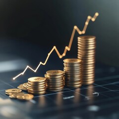 Poster - Financial Growth: Increasing Stacks of Golden Coins with an Ascending Graph Representing Investment Success