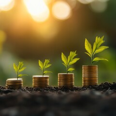 Poster - Financial Growth Concept: Seedlings Emerging from Stacks of Coins Under Golden Sunlight, representing investment and economic prosperity.