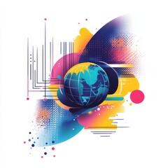 Aufkleber - Global Connectivity: Abstract World Map with Vibrant Colors, Dots, and Lines on a White Background