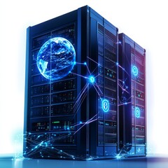 Aufkleber - Global Data Network: Server Racks with Earth Globe, Illustrating Connectivity and Data Processing in a Tech-Driven World.
