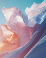 Poster - Flowing fabric in soft pastels, creating a dreamy and ethereal atmosphere against a blue sky.