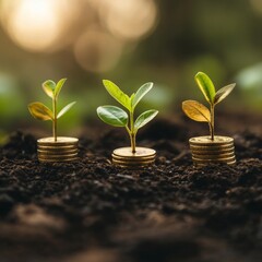 Poster - Growth From Investment: Seedlings Emerge from Stacks of Coins, Symbolizing Financial Growth and Prosperity