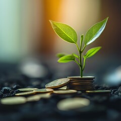 Poster - Growth on Investment: Seedling Growing from Stack of Coins, Concept for Financial Success and Investments 