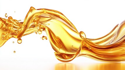 Poster - golden liquid splash in motion, rich amber tones, transparent oil texture, floating droplets, perfect wave shape, realistic reflections, isolated on white studio background.
