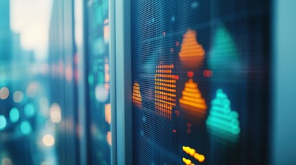 Poster - server racks processing big data showing colorful graphs and a blurred cityscape in the background, 
