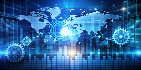 Poster - A digital representation showcases a world map interlinked with gears, symbolizing technology and connectivity in a modern environment. Blue tones dominate the design