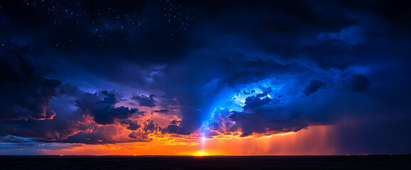 Fototapete - Breathtaking sunset with dramatic lighting and vibrant colors illuminating the sky, showcasing purple, orange, and blue hues in a peaceful and serene natural landscape.