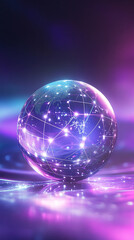 Poster - A glowing digital globe with interconnected lines and nodes, representing global connections, technology, and communication in a futuristic, abstract setting with neon lighting.