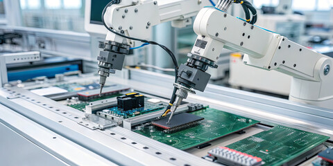 Poster - Robotic arms precisely work on assembling circuit boards in a modern manufacturing facility. The environment features advanced technology and efficiency in electronics production