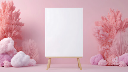 Aufkleber - Stylish blank canvas on easel surrounded by fluffy pink floral decorations. A modern, minimalist design element for creative presentation.