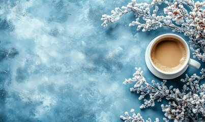 Winter Coffee Background Cozy Blue Texture Frosty Branches Hot Beverage Warm Drink White Cup Seasonal Image Festive     