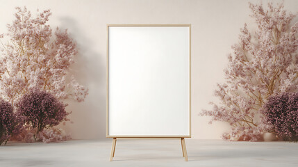 Aufkleber - elegant presentation with wooden frame standing amidst delicate floral arrangements, creating a sere