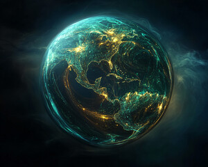 Poster - A digital rendering of Earth glowing with lights, showcasing a network of connections and the flow of data, symbolizing the digital age, global connectivity, and technology.