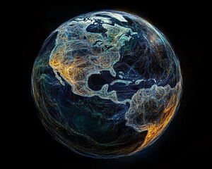 Poster - A glowing digital illustration of Earth showcasing interconnected lines of light representing global data flow, digital networks, and the connected world in a futuristic concept.